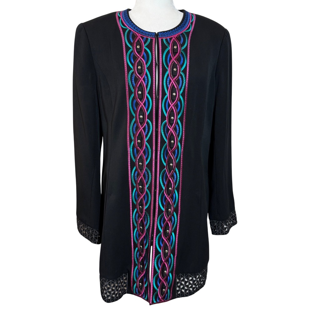 Pamela McCoy Black Jacket M Embroidered Longline Studded Cutout Boho Blazer
